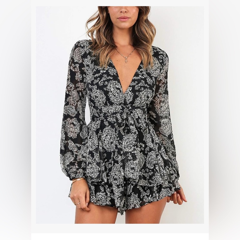 Floral Black and White Long Sleeve Romper